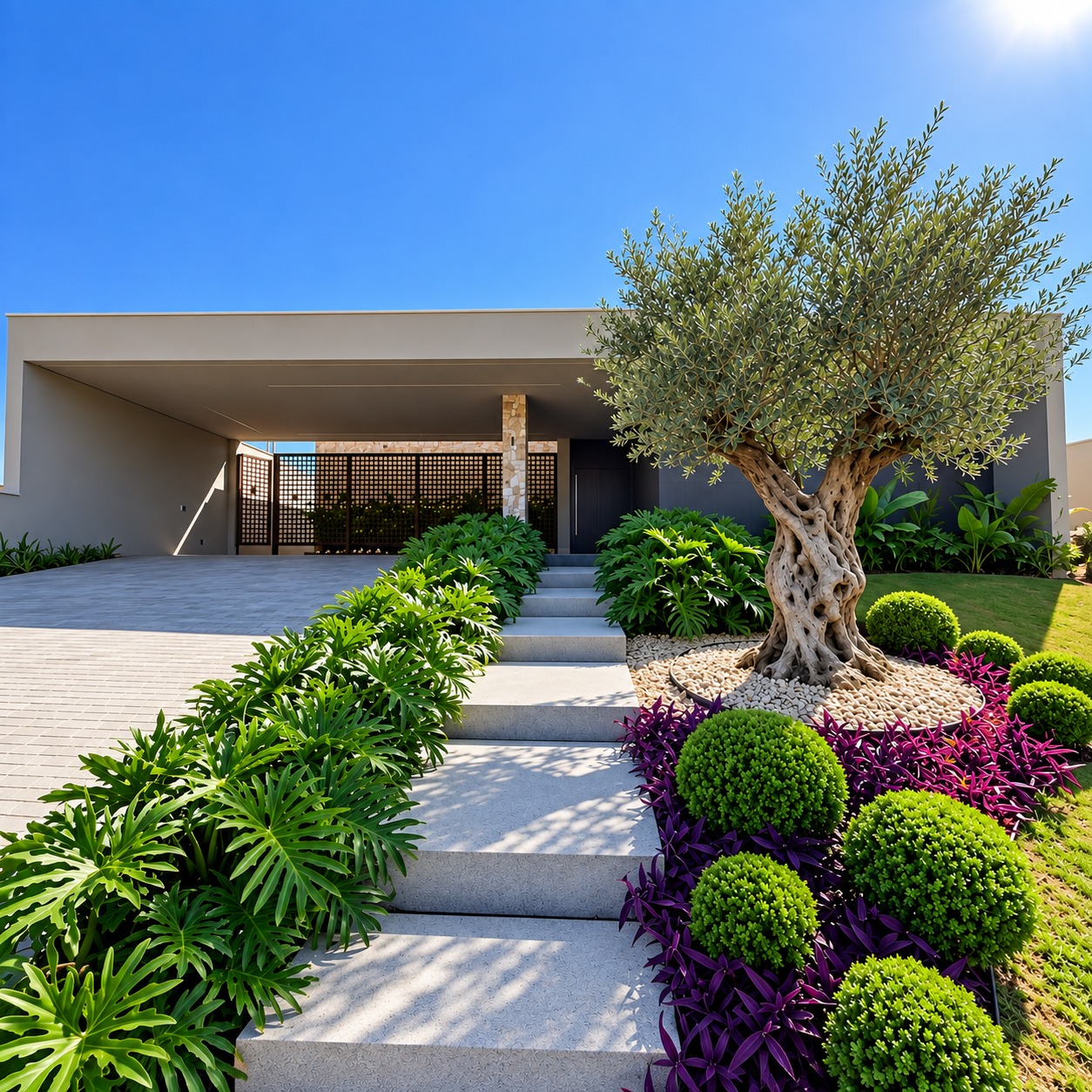 Fachada com o jardim finalizado