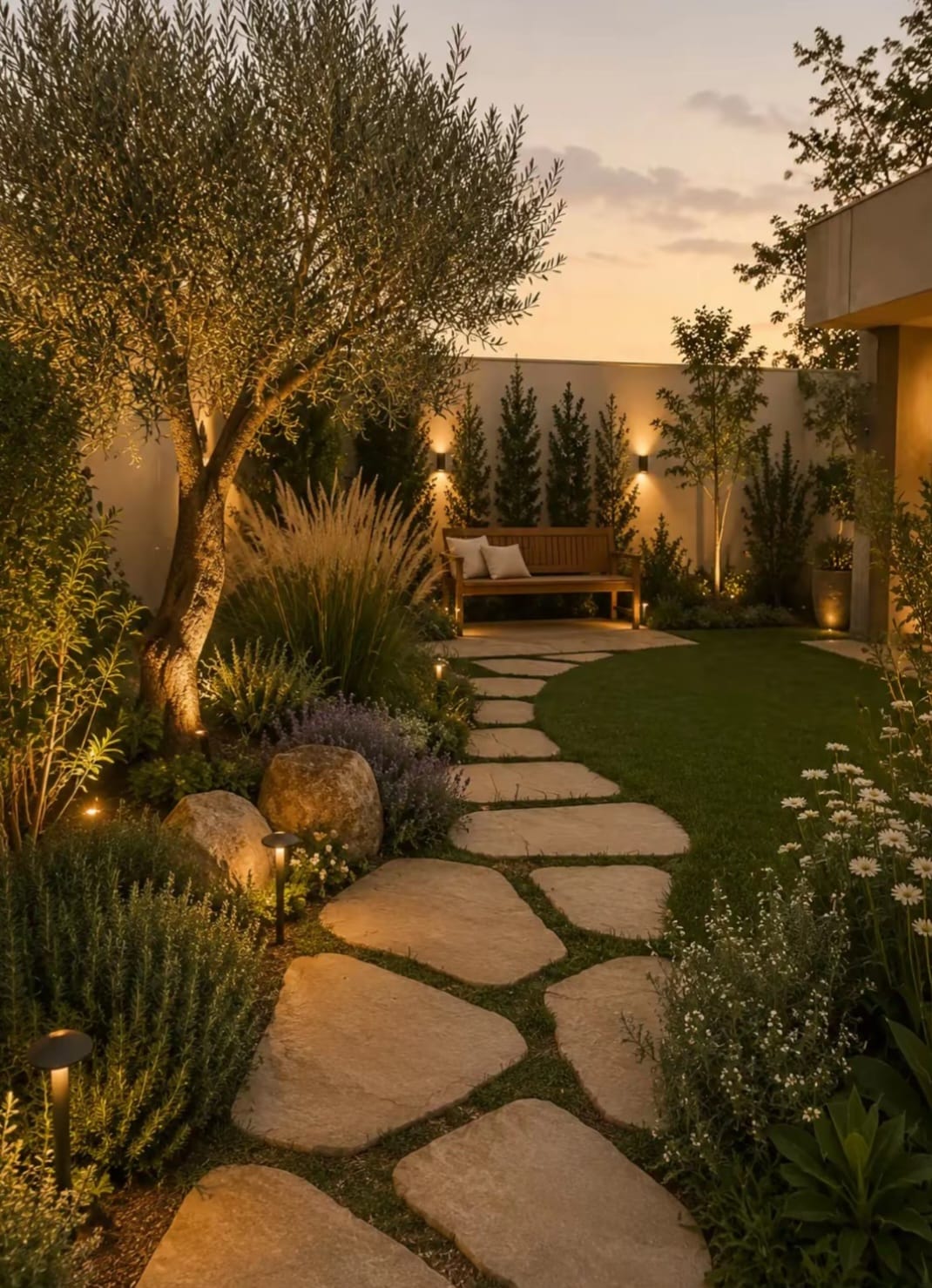 Jardim iluminado ao entardecer
